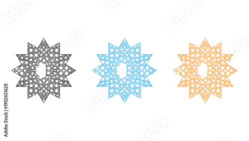 Geometric snowflake patterns with intricate line designs and varying color gradients isolated on transparent background, Vector