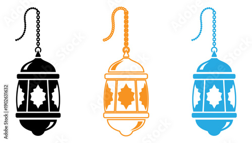 Three stylish lanterns with distinct designs and colors hanging side by side isolated on transparent background, Vector