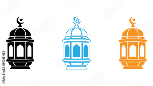 Three stylized lanterns with distinct geometric and cultural designs isolated on transparent background, Vector