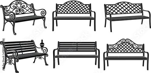 Outdoor garden benches collection with ornate, decorative, slatted, lattice, and classic designs for architecture, landscaping, furniture inspiration, seating