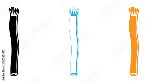 Three stylized brushes with different colored bristles and handles displayed side by side. isolated on transparent background, Vector