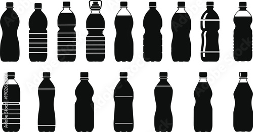 Silhouette collection of diverse plastic bottle shapes, packaging design variety, black isolated icons for branding, recycling, sustainability concepts