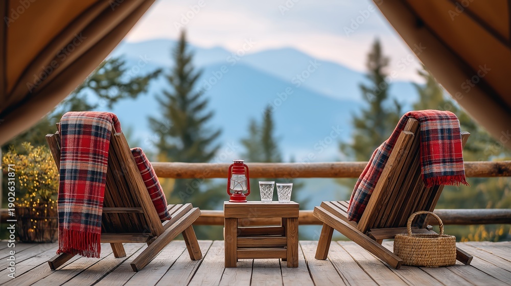 Naklejka premium Scenic mountain view from a wooden deck with lounge chairs. Cozy glamping setup with plaid blankets and lantern. Outdoor relaxation in nature