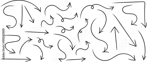 A complex composition of hand drawn arrows in various directions and sizes on a plain white background with no discernible pattern or order