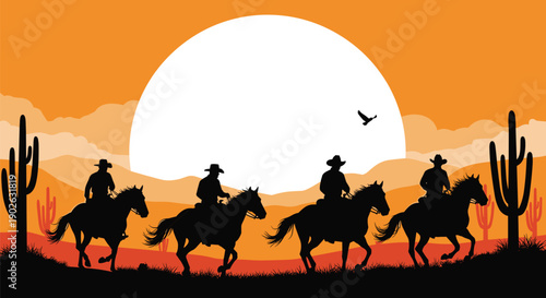 Vector illustration of cowboy silhouettes riding horses through a desert landscape with saguaro cacti under a large sunset sun for western adventure themes (24 words)