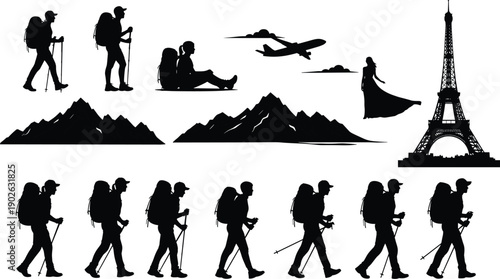 Silhouette hikers with backpacks, mountain ranges, airplane flying, Eiffel Tower, adventure travel, exploration journey, tourism, outdoor lifestyle illustration
