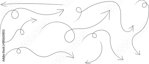 A collection of abstract arrows and curved lines in a simple black and white sketch