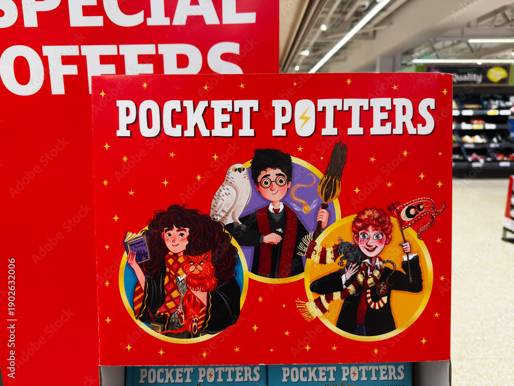 Obraz premium Pocket Potters display featuring wizard characters with broom owl and magical pets