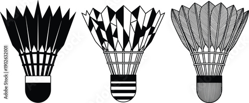 Stylized badminton shuttlecock illustrations, geometric design, abstract sports art, textured feather patterns, modern vector graphic for stock use