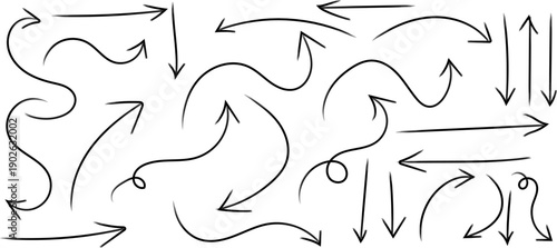 A collection of hand drawn arrows in various styles and directions on a white background