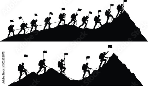 Teamwork climbers reaching mountain summit, unity perseverance success, rope connection flags, silhouette adventure achievement outdoor challenge motivation