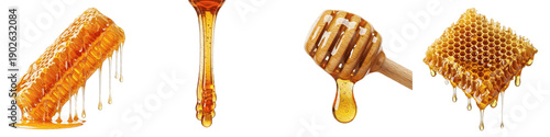 Φωτογραφία Set of fresh organic honeycomb and golden honey dripping from wooden dipper isol