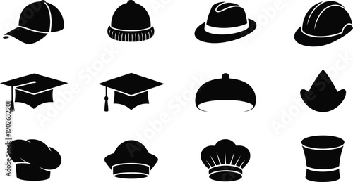 Black silhouette icons showcase a diverse collection of hats and headwear for different professions and occasions