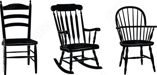 Traditional wooden dining chair silhouette, classic rocking chair design, Windsor armchair illustration, furniture collection, vintage seating styles, rustic decor