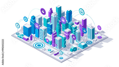 Smart city network isometric urban landscape with connected buildings and technology icons