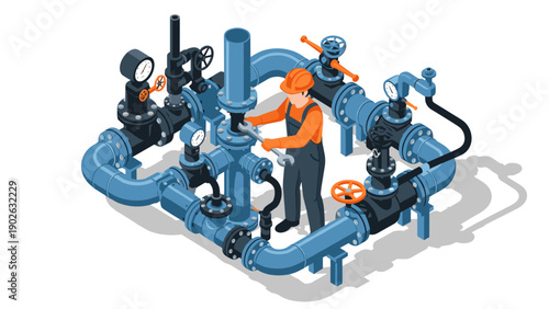 Isometric worker adjusting industrial pipeline system with precision and safety