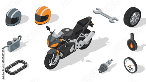 Isometric motorcycle and gear elements set with helmets, tools, and parts