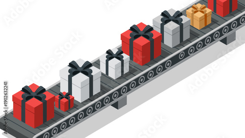 Isometric gift boxes on conveyor belt in industrial setting for holiday packaging