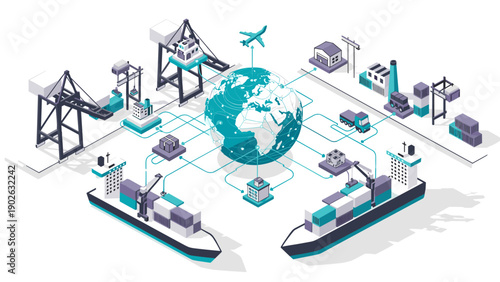 Global trade network in isometric style with shipping and infrastructure elements