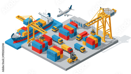 Isometric cargo port with cranes, containers, and transportation vehicles