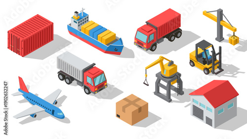 Isometric transport and shipping icons featuring trucks, cargo ship, airplane, and warehouse