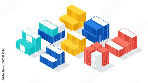 Isometric shipping containers in vibrant colors and arranged patterns