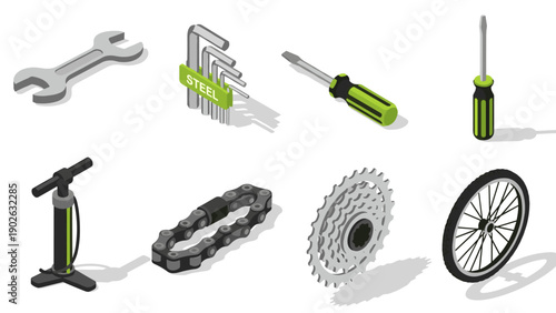 Isometric bicycle repair tools set: wrench, screwdrivers, pump, chain, wheel, gear