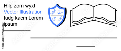 Education, knowledge sharing, academic excellence, learning institutions, study resources, education security. A shield with academic icons and an open book. Education and knowledge sharing visuals