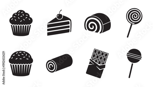 Sweets and dessert icons set, black silhouette cupcake, chocolate bar, cake slice and lollipop vector collection isolated on white background.