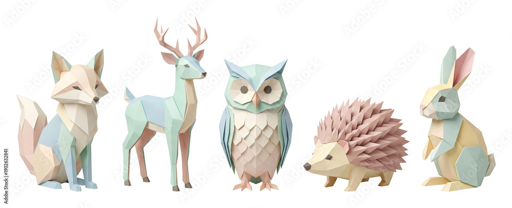 Obraz premium Pastel origami woodland animals illustrations Set.