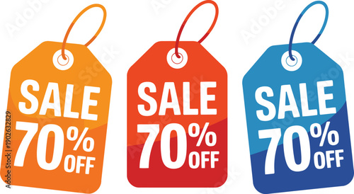 Brightly colored price tags for store promotions showing a substantial seventy percent discount