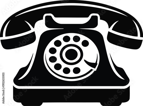 Classic black rotary telephone icon representing vintage communication technology and telecommunication devices on a white plain surface
