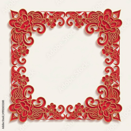 Elegant square floral frame in red paper cut style. Traditional Chinese pattern with peonies and scrolls. Decorative border for Lunar New Year invitations and greeting cards on white background.