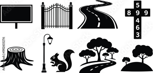 Clean black silhouette icons displaying various outdoor elements and signage on white