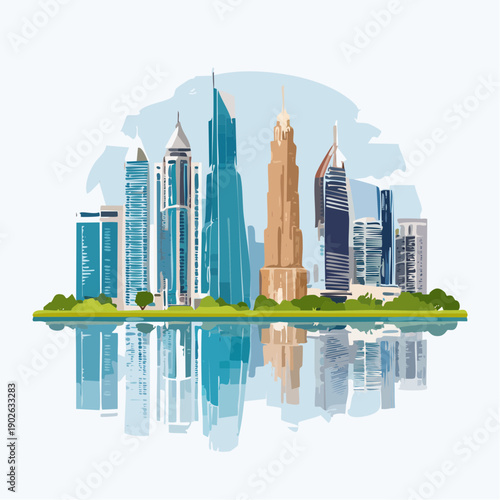 Modern city skyline with skyscrapers and reflection.