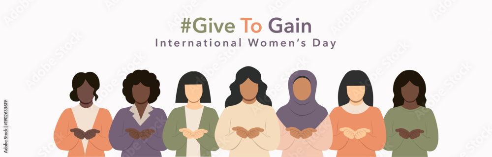 Obraz premium International Women's Day 2026 vector creative banner.#GiveToGain illustration: diverse women with open hands symbolizing giving support and care.March 8. Give to gain campaign theme.Feminism holiday 
