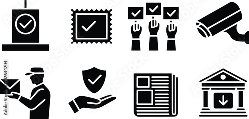 Collection of eight essential solid black glyph icons representing various civic and security concepts