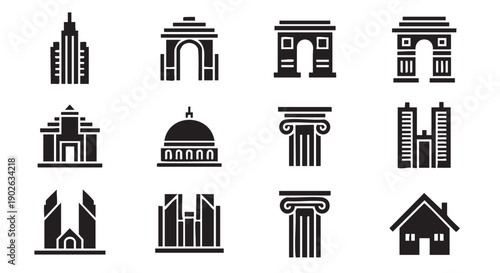 Collection of architectural elements and building silhouettes isolated