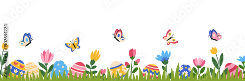Cute Easter background with spring flowers, colored eggs and butterflies. Spring border for Easter.
