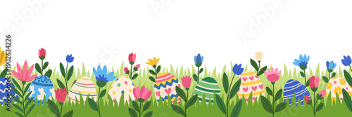 Easter floral background with spring flowers and painted eggs. Perfect for cards, borders, banners, and posters.