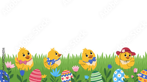 Easter background with cute chicks in hats and bows sitting on a meadow among flowers and Easter eggs. Vector background for Easter greetings and invitations.