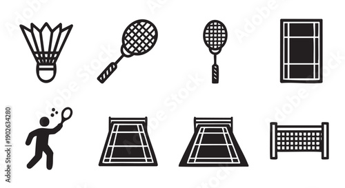 Collection of badminton equipment and court diagrams isolated on transparent background
