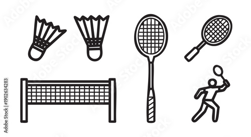 Collection of badminton equipment and hand gestures isolated on transparent background