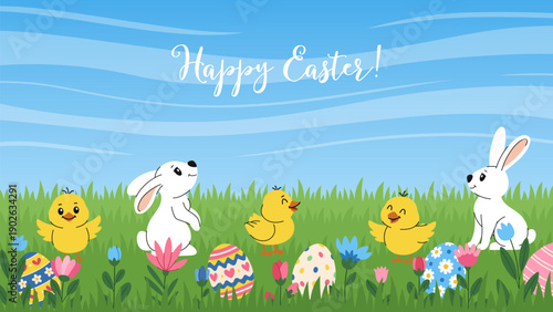 Cute Easter background with bunnies, chicks and Easter eggs on a flowery spring meadow. Vector Easter illustration for cards, invitations, and greetings.