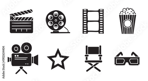 Collection of cinema and movie related icons isolated on transparent background