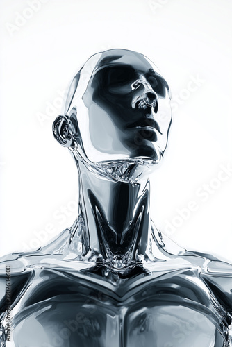 Polished chrome / silver humanoid statue / cyborg figure