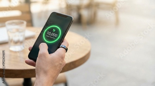 Individual hand holding smartphone displaying step tracker app interface with 10,000 steps reached notification promoting fitness analytics and personal health optimization success