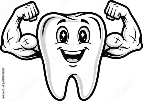 Strong smiling tooth mascot flexing muscles cartoon dental health illustration