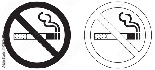 Vector art of a no smoking sign set, cigarette icon, red circle slash, black white outline, prohibition, warning, safety, health, anti-smoking