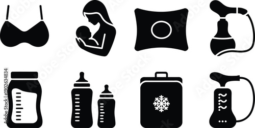 Collection of monochrome icons showing breastfeeding essentials like a mother and baby, pump, bottles, and storage bags